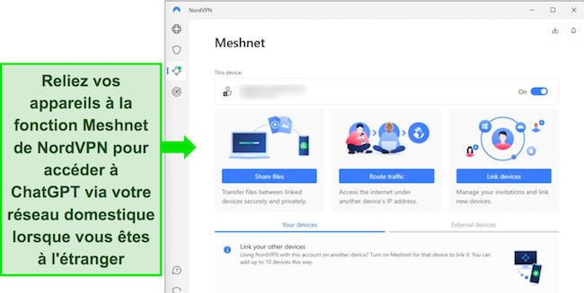 Capture d'écran de l'application Windows de NordVPN avec la fonctionnalité Meshnet visible.