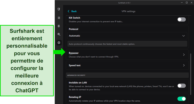 Capture d'écran de l'application Windows de Surfshark, montrant les options de paramètres VPN.