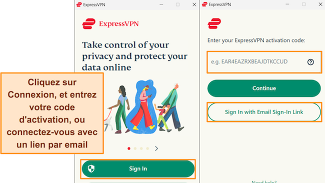 Captures d'écran du processus de connexion d'ExpressVPN sous Windows