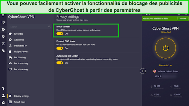 La fonctionnalité de blocage des publicités de CyberGhost est activée dans le menu des paramètres