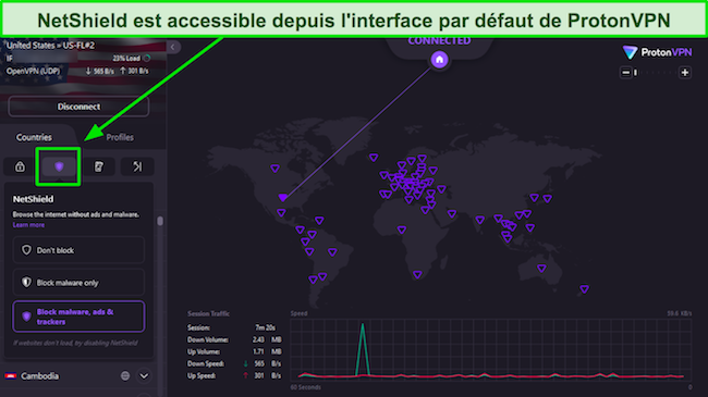 Une capture d'écran de l'interface de ProtonVPN avec NetShield en surbrillance