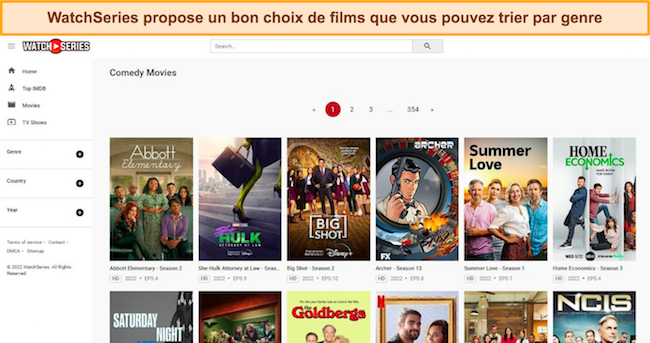 Une capture d'écran de l'interface WatchSeries, avec le filtre Séries TV sélectionné