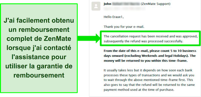 Capture d'écran d'une conversation par e-mail avec l'équipe de support client de ZenMate qui a approuvé un remboursement avec la garantie de remboursement