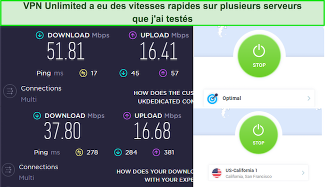 Capture d'écran des tests de vitesse VPN Unlimited sur des serveurs aux États-Unis et au Royaume-Uni