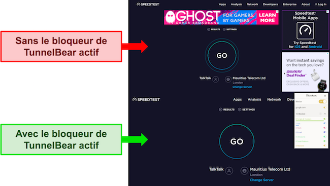 Captures d'écran du site Web de test de vitesse Ookla, montrant les publicités affichées lorsque le bloqueur de TunnelBear est désactivé et le manque de publicités lorsque le bloqueur est actif