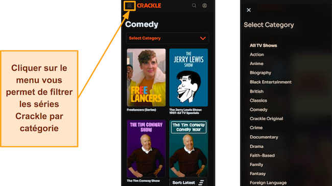 Une capture d'écran de l'interface iOS de Crackle et une capture d'écran de la sélection de catégorie