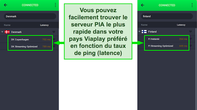 Capture d'écran de l'application Windows de PIA affichant la latence sur les emplacements de serveur sélectionnés