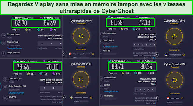 Capture d'écran des résultats du test de vitesse de CyberGhost lorsqu'il est connecté au Danemark, en Finlande, en Suède et en Lettonie