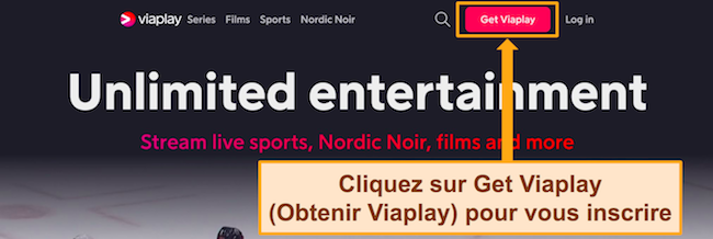 Capture d'écran du site Web de Viaplay montrant le bouton 