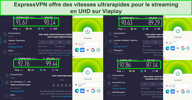 Capture d'écran des résultats des tests de vitesse d'ExpressVPN connectés au Danemark, à la Suède, à la Lettonie et au Royaume-Uni