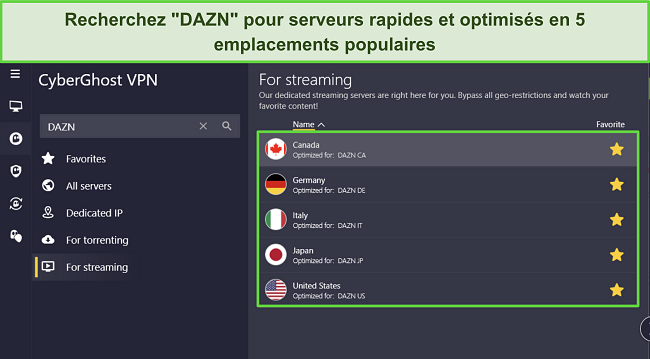 Capture d'écran de l'application Windows de CyberGhost mettant en évidence les 5 emplacements de serveurs optimisés pour DAZN
