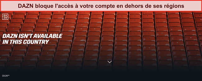 Image du site web de DAZN lorsque l'accès à un compte est bloqué car il se trouve en dehors de la région géographique correcte