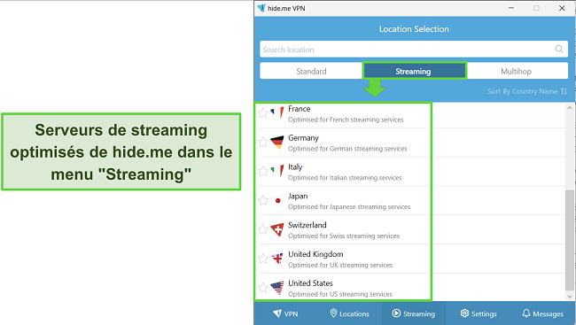 Capture d'écran de l'application Windows de hide me avec les serveurs de streaming mis en évidence