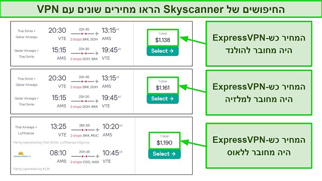 המחירים של טיסה לאמסטרדם ב-Skyscanner השתנו כש-ExpressVPN היה מחובר לשרתים שונים