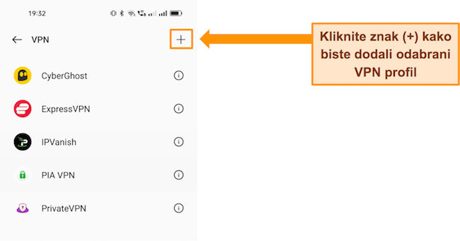 Snimka zaslona koja prikazuje opcije za dodavanje VPN-a u postavkama Android telefona