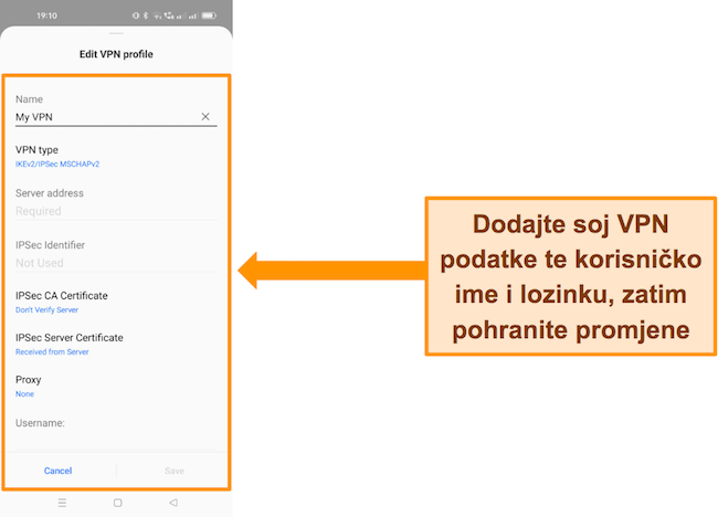 Snimka zaslona koja pokazuje kako dodati svoj VPN na svoj Android uređaj