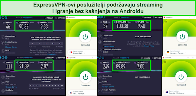 Snimka zaslona rezultata testiranja brzine ExpressVPN-a dok ste povezani s Parizom, Frankfurtom, New Yorkom i Melbourneom