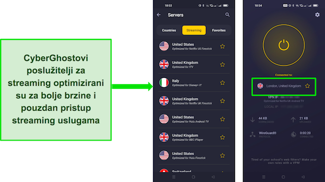 Snimka zaslona Android sučelja CyberGhosta koja prikazuje poslužitelje optimizirane za strujanje