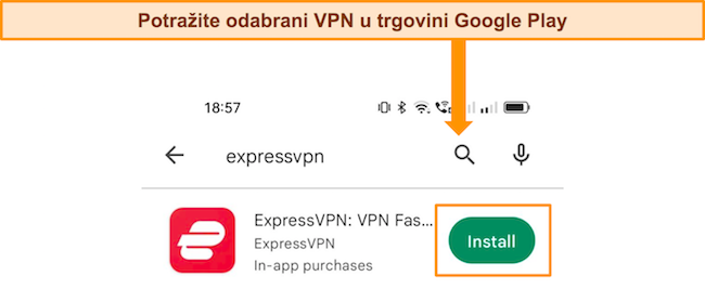 Snimka zaslona funkcije pretraživanja Google Play trgovine koja traži ExpressVPN