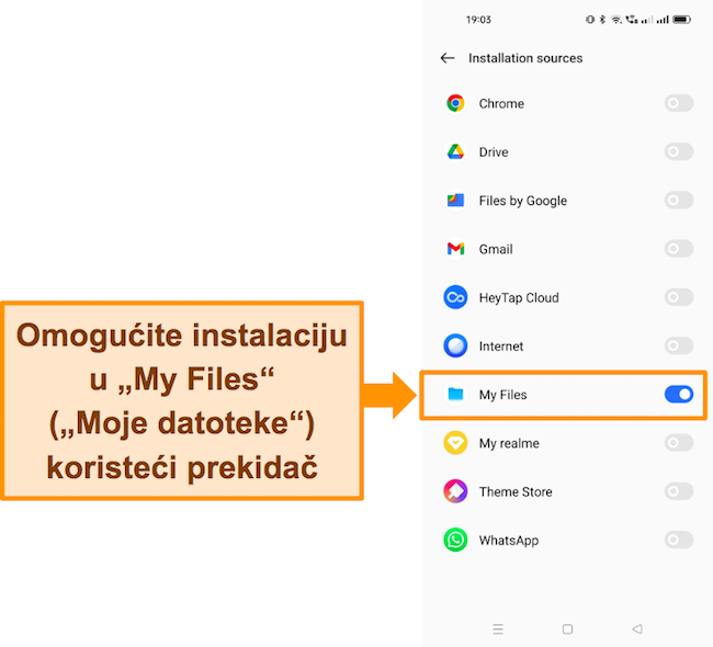 Snimka zaslona postavki instalacije Androida