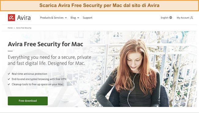 Screenshot del pulsante di download di Avira Free Security per Mac sul sito web di Avira
