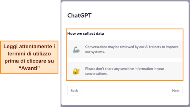 Immagine dei termini di utilizzo di ChatGPT, che mostra all'utente come vengono raccolti i dati durante l'utilizzo del servizio.