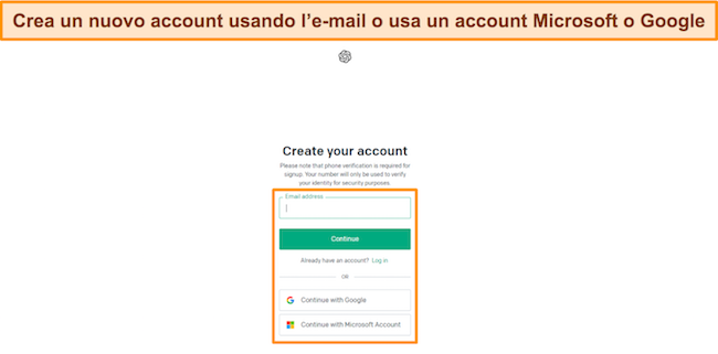 Immagine della nuova pagina di registrazione dell'account di ChatGPT che mostra le opzioni per la creazione di un nuovo account.