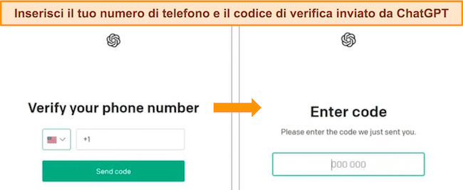 Schermate delle schermate di immissione del numero di telefono e di verifica del codice di ChatGPT.