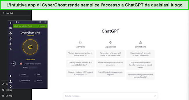 Immagine di CyberGhost connesso a un server UK - Londra, con ChatGPT aperto sullo sfondo.