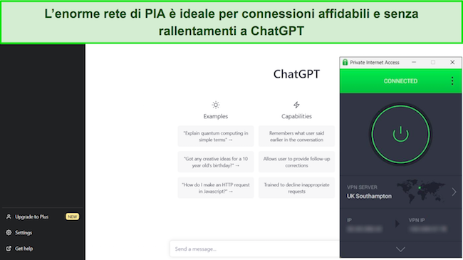 Screenshot di PIA connesso a un server del Regno Unito con ChatGPT disponibile in una pagina web.
