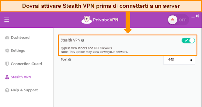 Screenshot dell'app per Windows di PrivateVPN, che mostra l'opzione Stealth VPN e come attivarla e disattivarla