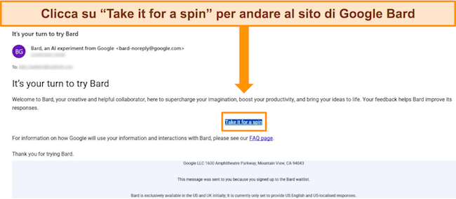 Immagine dell'email di conferma di Google Bard in cui si afferma che l'utente può ora accedere a Bard