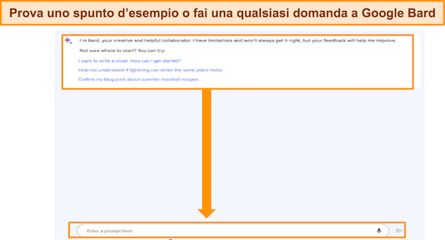 screenshot di Google Bard, con i prompt di esempio evidenziati, nonché la casella 