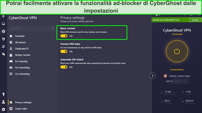 Funzione di blocco degli annunci di CyberGhost abilitata nel menu delle impostazioni