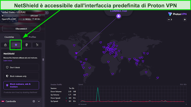 Uno screenshot dell'interfaccia di ProtonVPN con NetShield evidenziato