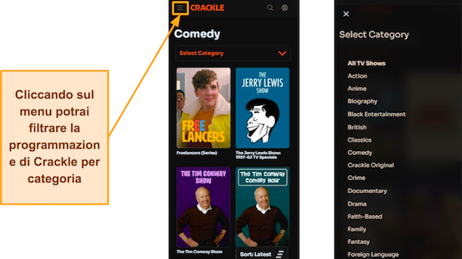 Uno screenshot dell'interfaccia iOS di Crackle e uno screenshot della selezione della categoria
