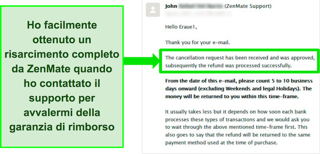 Screenshot di una conversazione via e-mail con il team di assistenza clienti di ZenMate che ha approvato un rimborso con la garanzia di rimborso