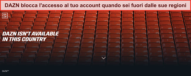 Immagine del sito web di DAZN quando l'accesso a un account è bloccato per essere fuori dalla corretta regione geografica