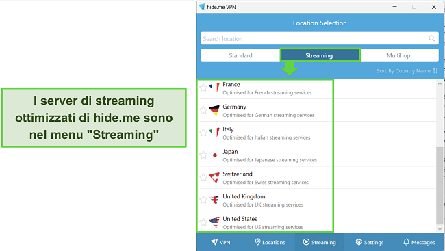 Screenshot dell'app di hide me per Windows con i server di streaming evidenziati