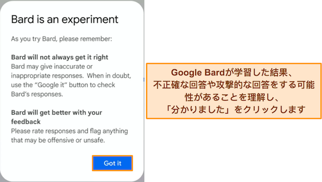 このサービスは実験的であり、不正確または攻撃的な応答を生成する可能性があるという Google Bard の警告通知の画像