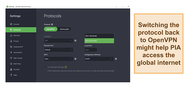 Screenshot of PIA's app showing protocol settings for OpenVPN