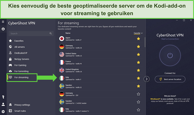 Screenshot van de CyberGhost Windows-app waarin de geoptimaliseerde servers 