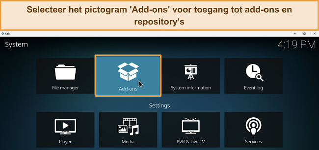 Screenshot van het Kodi-instellingenmenu met de optie Add-ons gemarkeerd.