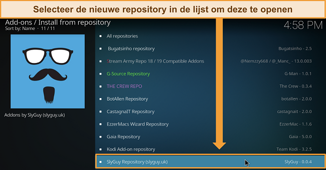 Screenshot van de lijst met gedownloade Kodi repositories, met de Slyguy repository gemarkeerd.