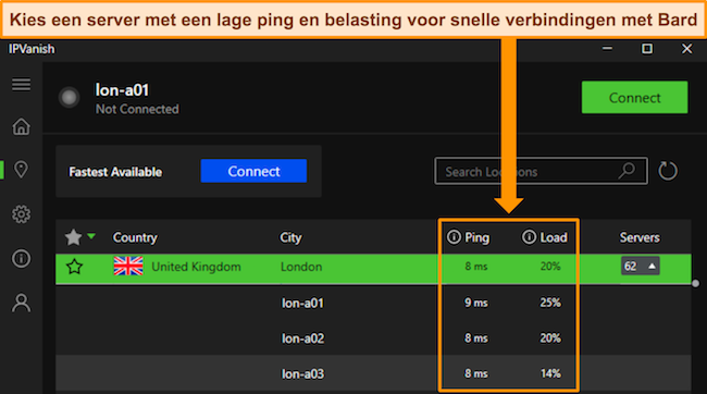 Afbeelding van de Windows-app van IPVanish, die de ping en gebruikersbelasting laat zien voor individuele servers in het VK en Londen