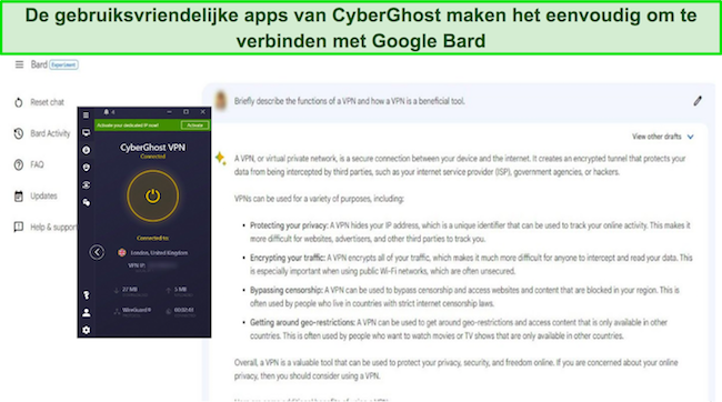 Afbeelding van Google Bard die reageert op een prompt over VPN's, met CyberGhost verbonden met een Britse server