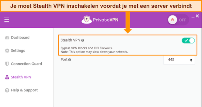 Screenshot van de Windows-app van PrivateVPN, met de Stealth VPN-optie en hoe je deze in- en uitschakelt