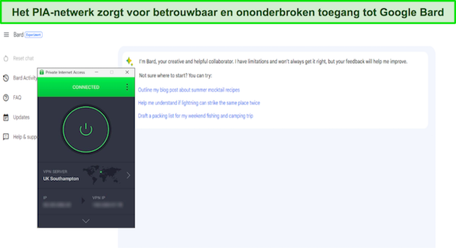 Afbeelding van Google Bard open, met PIA verbonden met een VK - Southampton-server