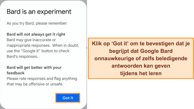 Afbeelding van de waarschuwing van Google Bard dat de service experimenteel is en onjuiste of aanstootgevende reacties kan genereren