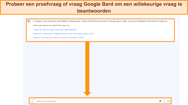 screenshot van Google Bard, met voorbeeldprompts gemarkeerd, evenals het vak 